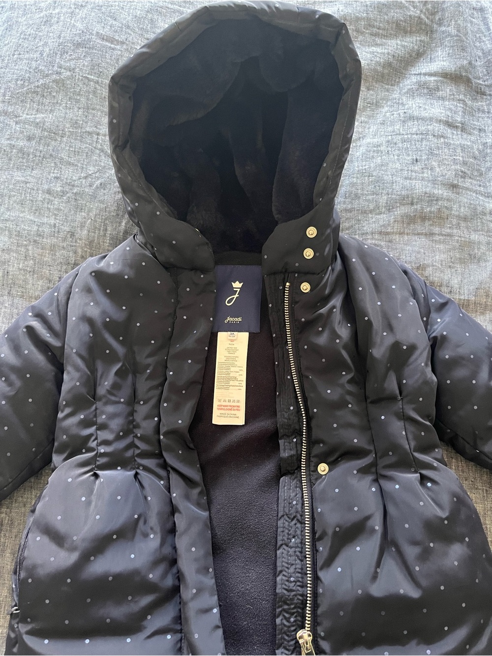 Jacadi Navy Hooded Puffer Jacket with Tiny Light Blue Dots